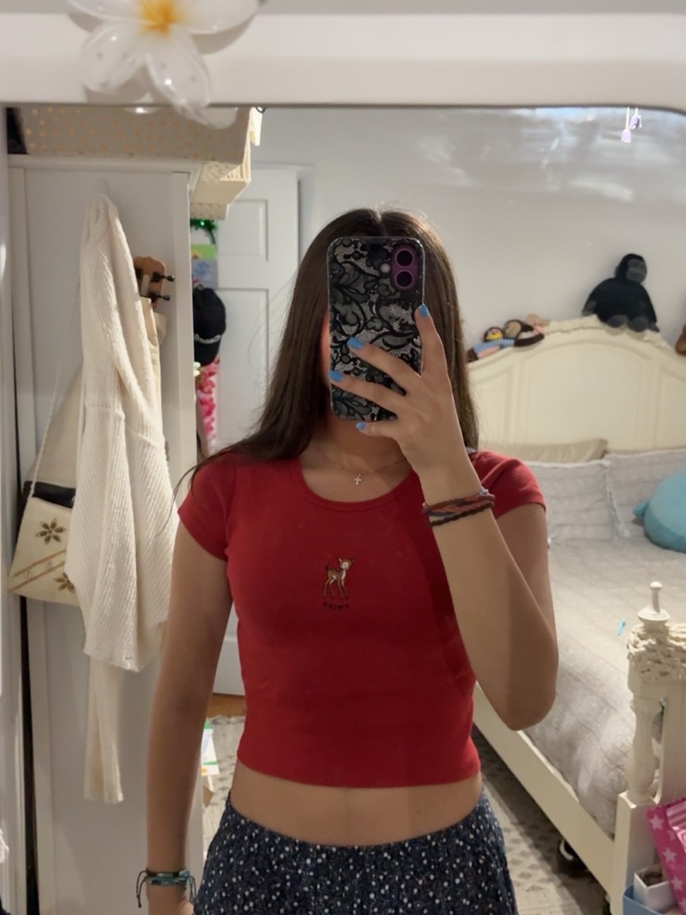 Brandy Melville Red Embroidered Deer Crop Top
